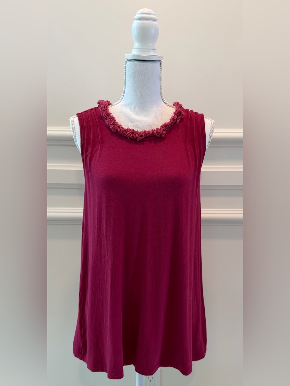 Soft Surroundings Dayla Sleeveless Top Pintuck Pleated Fringed Ribbon Collar XS